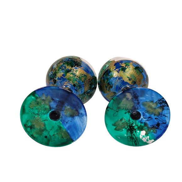 Monarch Crystal Lagoon Set 2 Hand Paint Wine Glasses Blue Green Gold Paint Loss - Picture 6 of 7